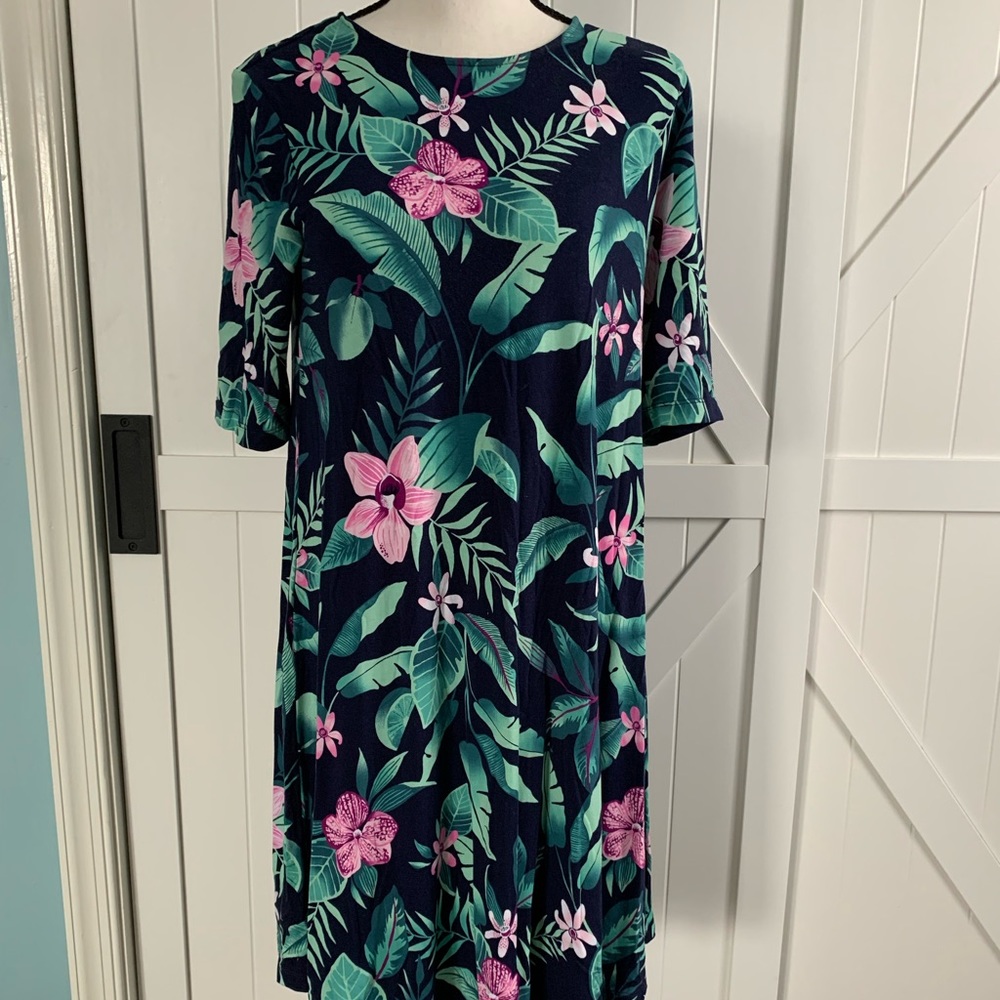 Old Navy Tropical Floral Dress – Navy Pink Green Short Sleeve Size Small